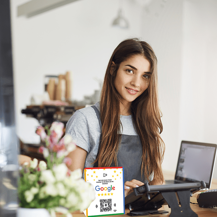 Girl showing google review stand